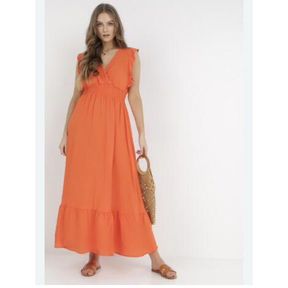 Monteau Los Angeles Orange Maxi Dress Linen Blend Ruffle Hem Size S - Picture 1 of 10